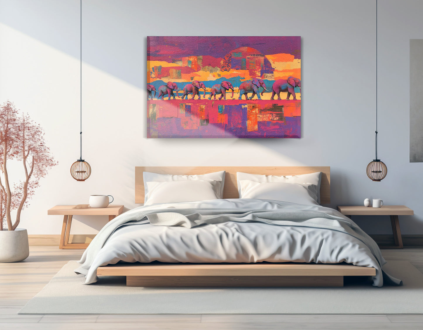 Purple Elephant Herd Sunset African American canvas print displayed as bedroom wall decor
