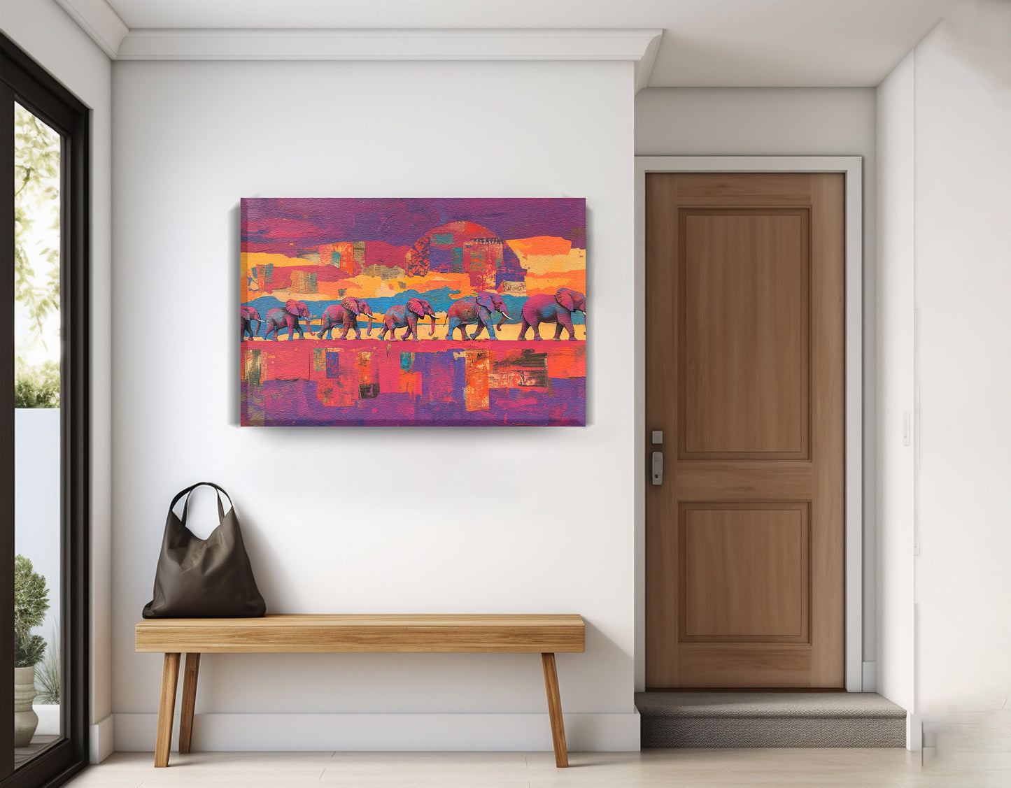Purple Elephant Herd Sunset African American canvas print displayed as entryway wall decor