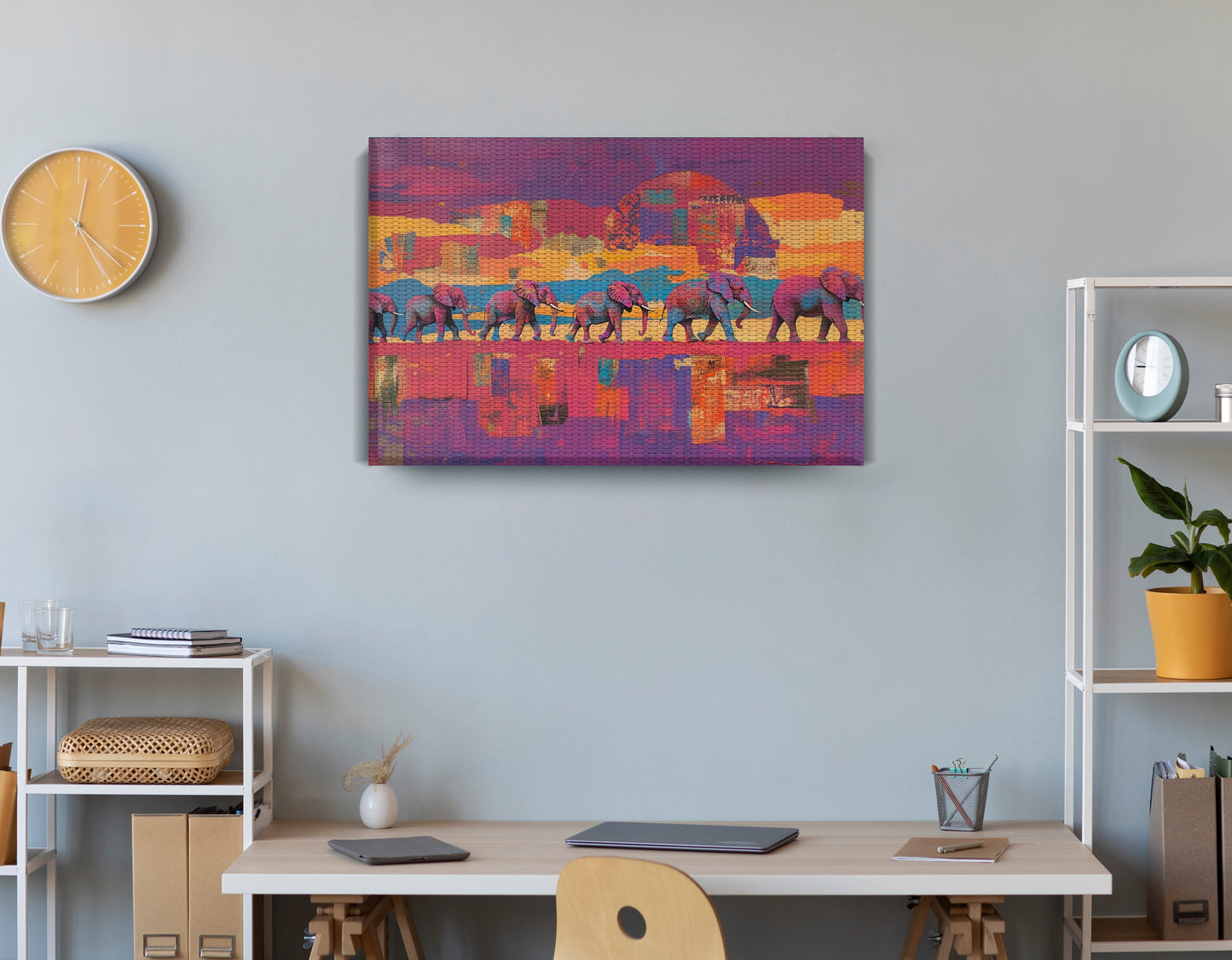 Purple Elephant Herd Sunset African American canvas print displayed as office wall decor