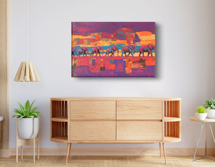 Purple Elephant Herd Sunset Wall Art