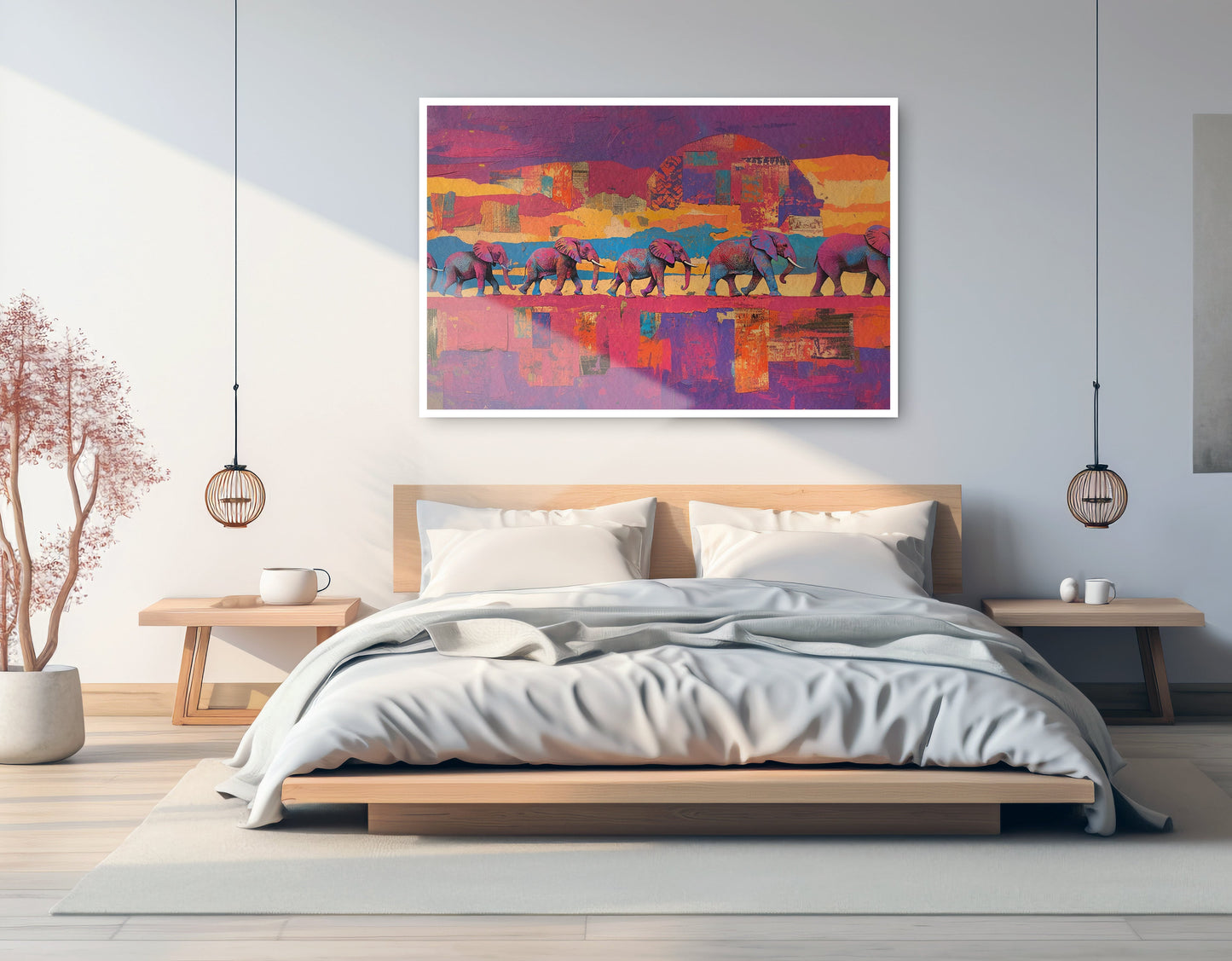 Purple Elephant Herd Sunset African American canvas print artwork view