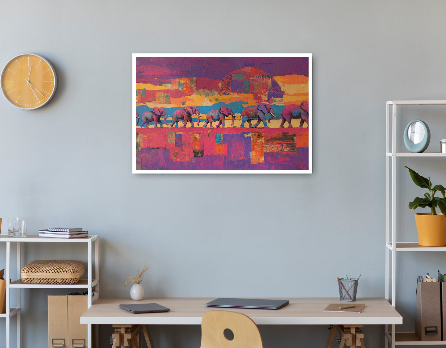 Purple Elephant Herd Sunset African American canvas print print view