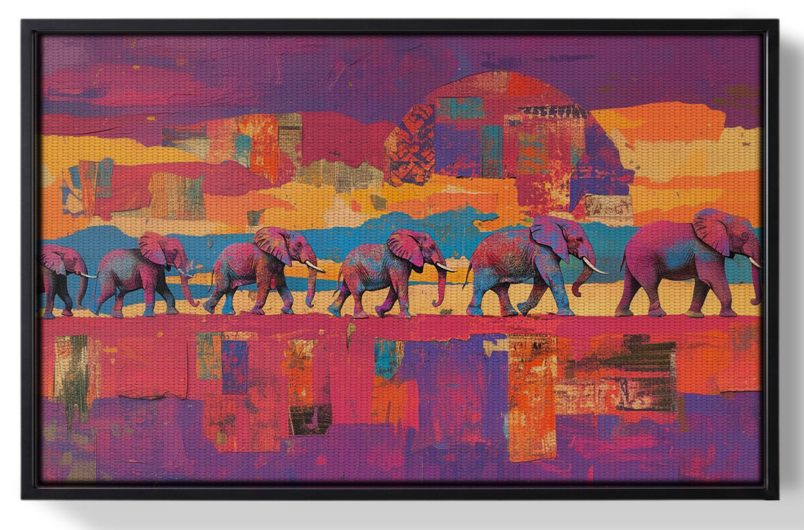 Framed Purple Elephant Herd Sunset African American canvas print for home decor