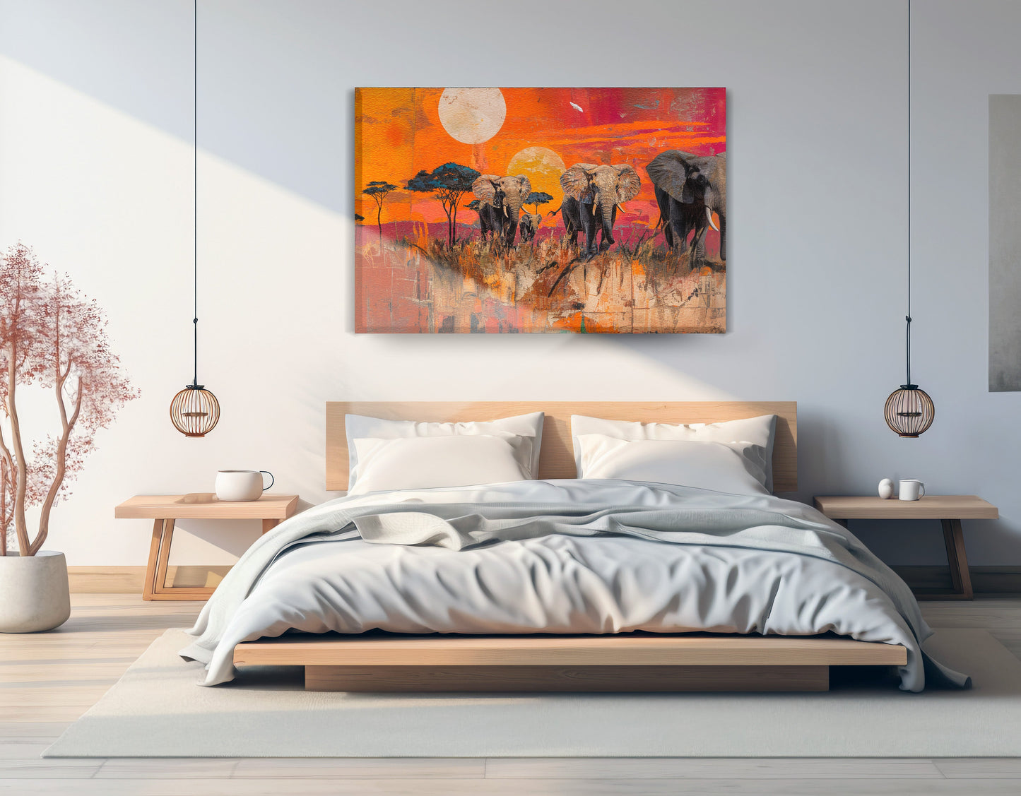 Elephant Family Orange Sunset African American canvas print displayed as bedroom wall decor