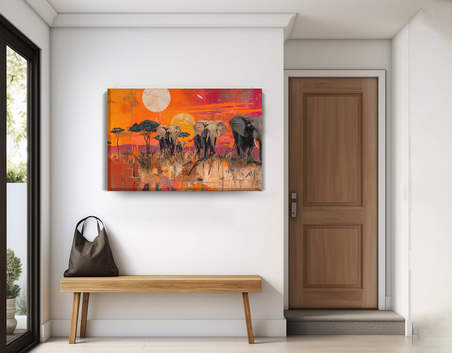 Elephant Family Orange Sunset African American canvas print displayed as entryway wall decor