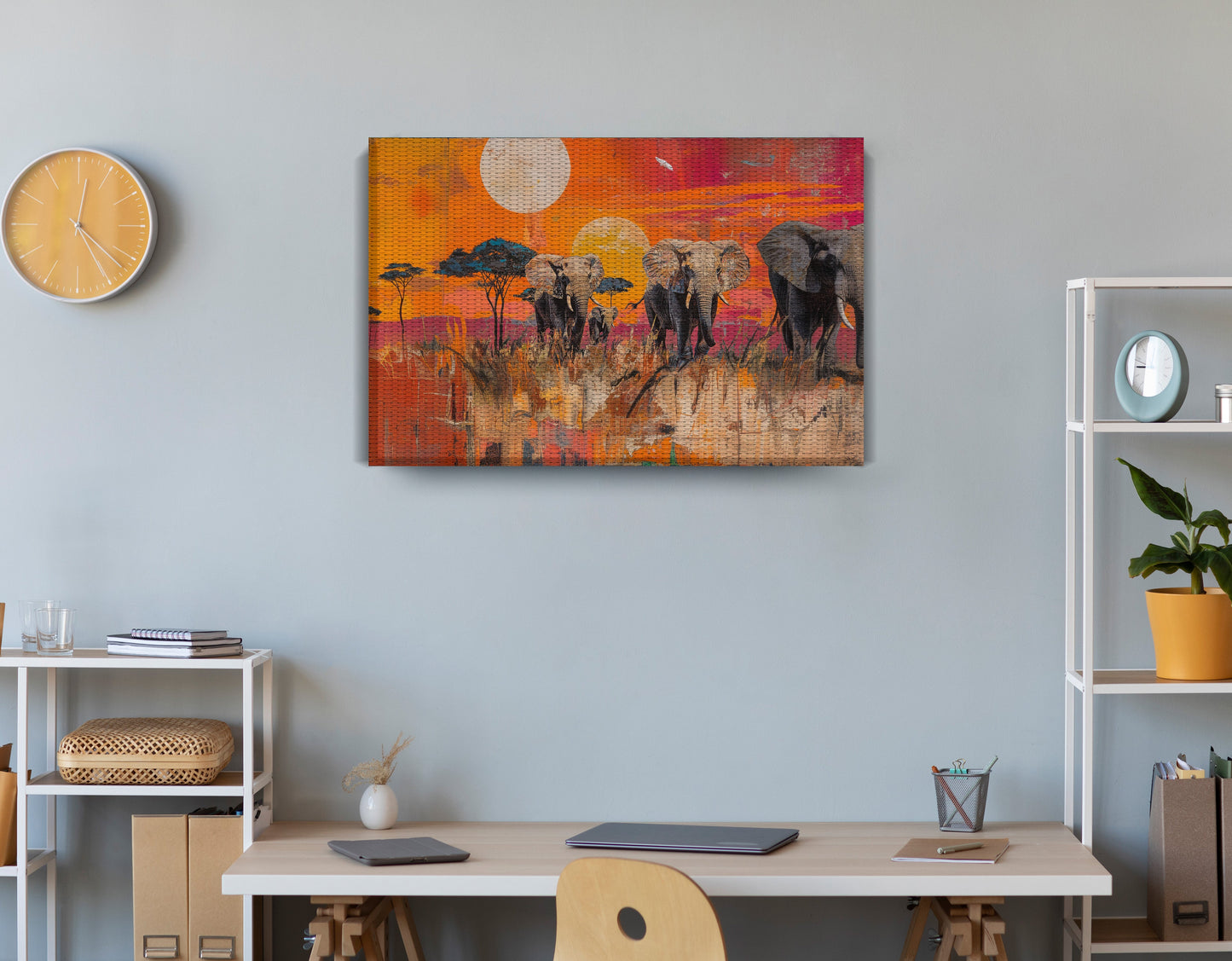 Elephant Family Orange Sunset African American canvas print displayed as office wall decor