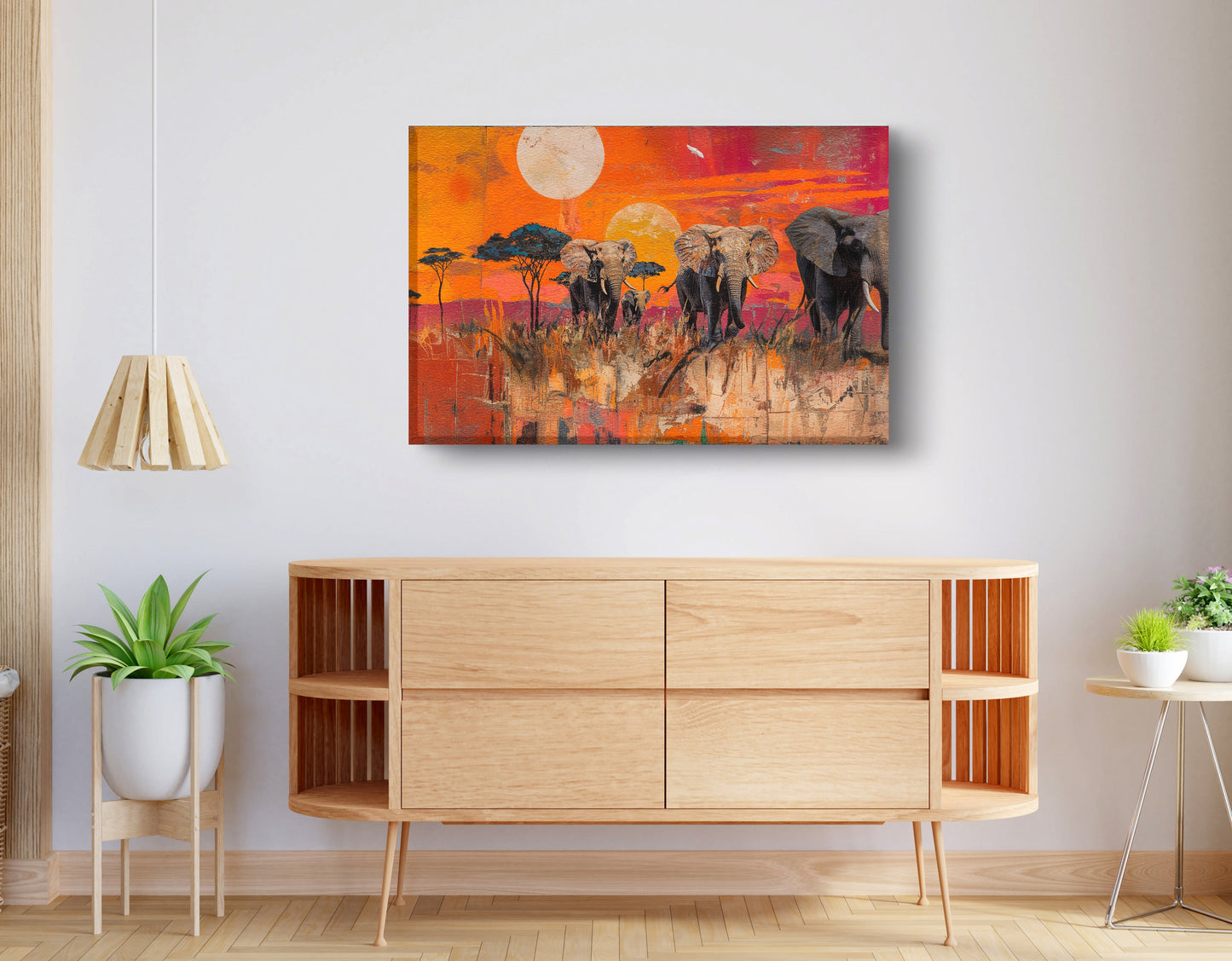 Elephant Family Orange Sunset African American canvas print displayed as living room wall decor