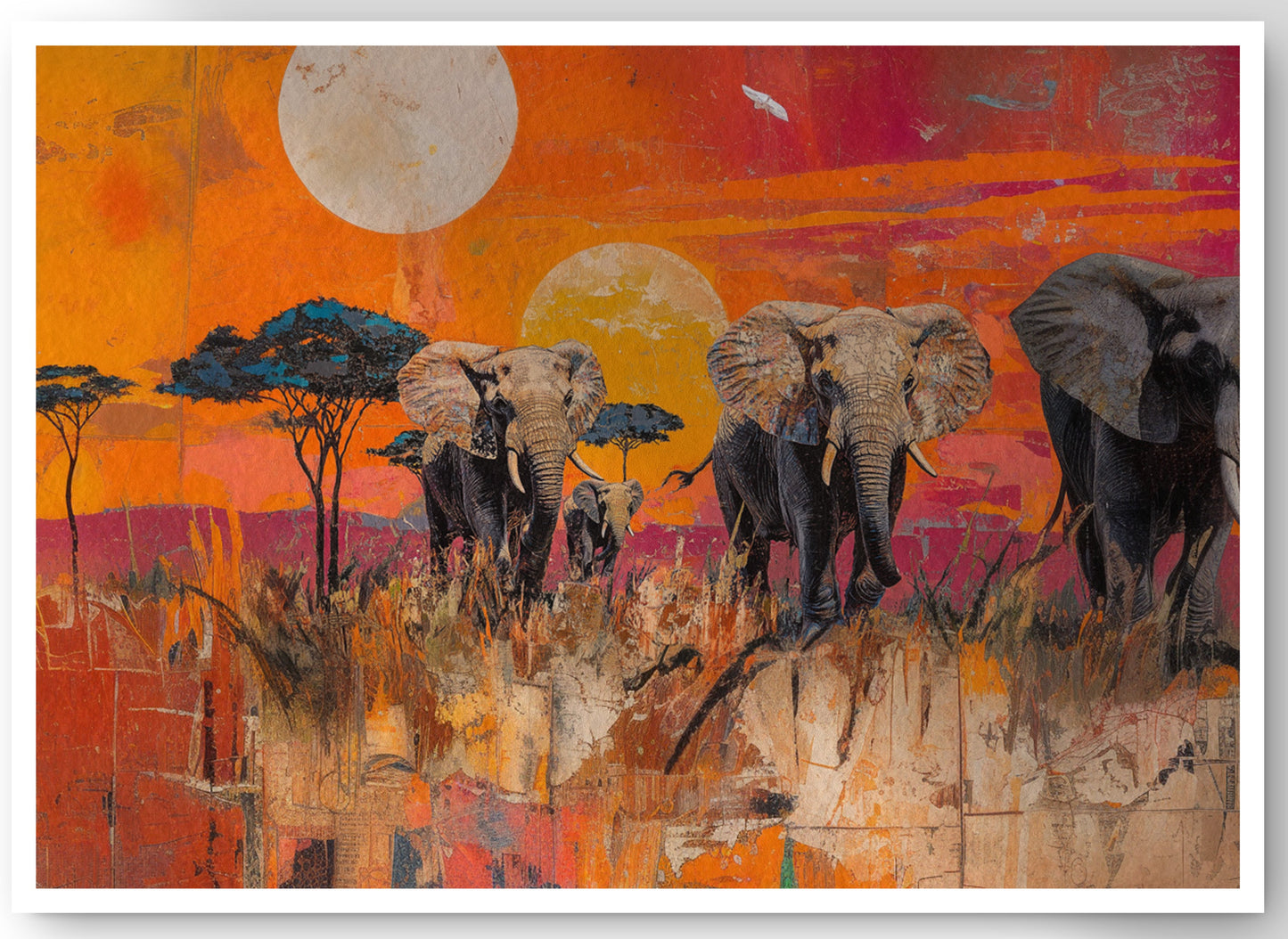 Elephant Family Orange Sunset African American canvas print by MoomZee Artwork