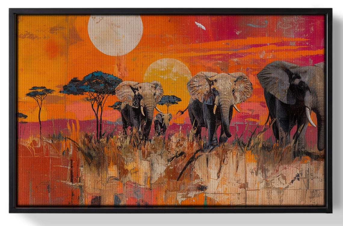 Framed Elephant Family Orange Sunset African American canvas print for home decor