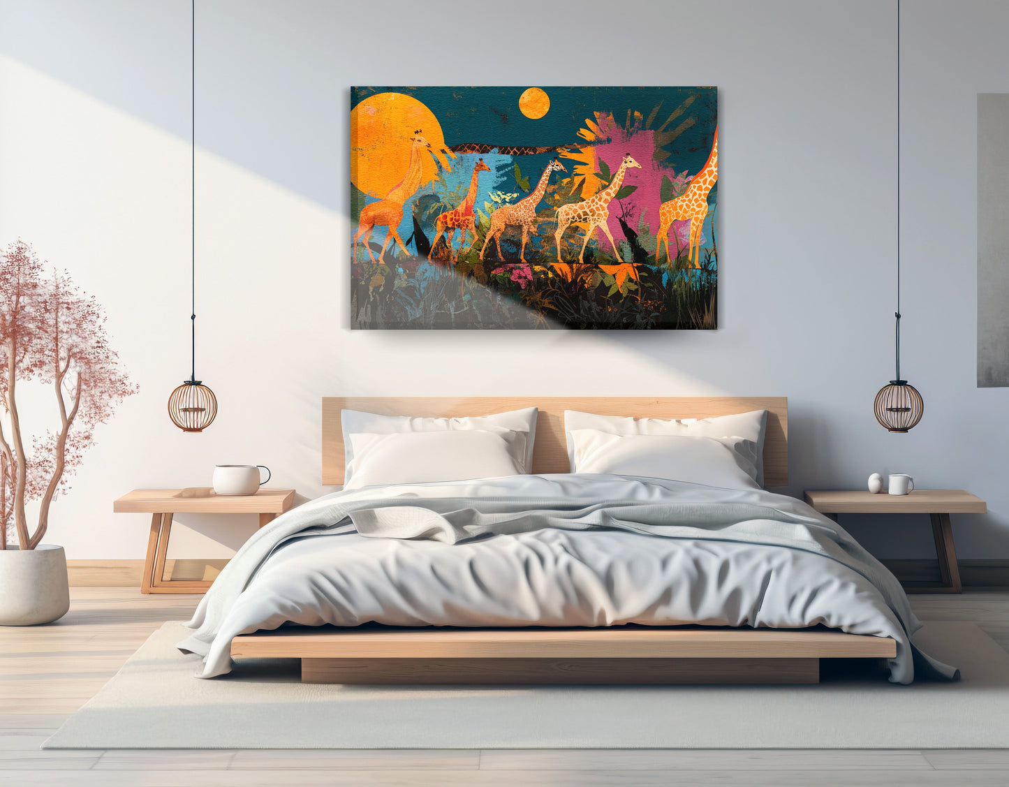 Giraffe Family Sunset Black Black culture wall art displayed as bedroom wall decor