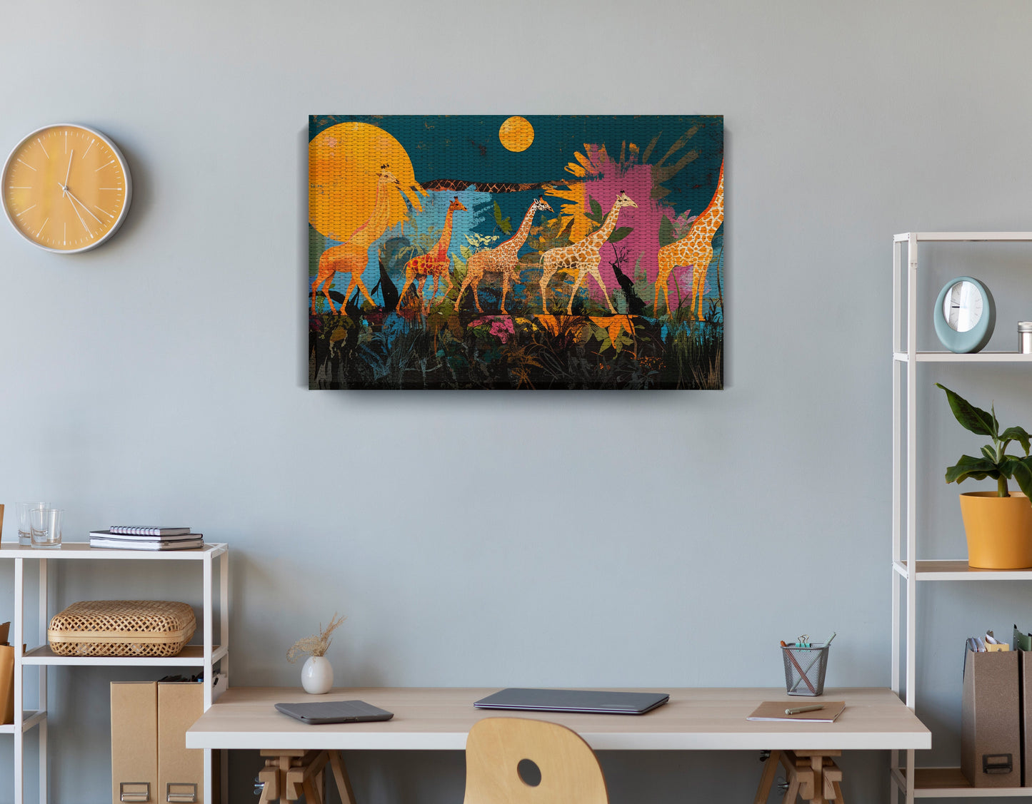 Giraffe Family Sunset Black Black culture wall art displayed as office wall decor