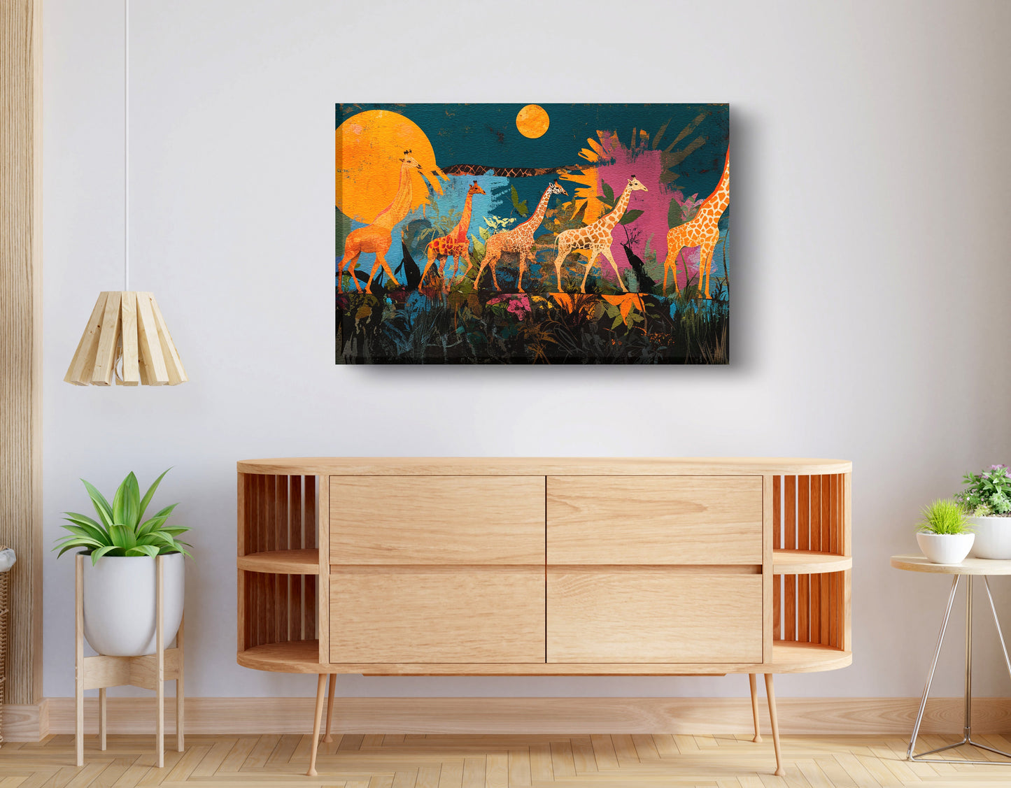 Giraffe Family Sunset Black Black culture wall art displayed as living room wall decor