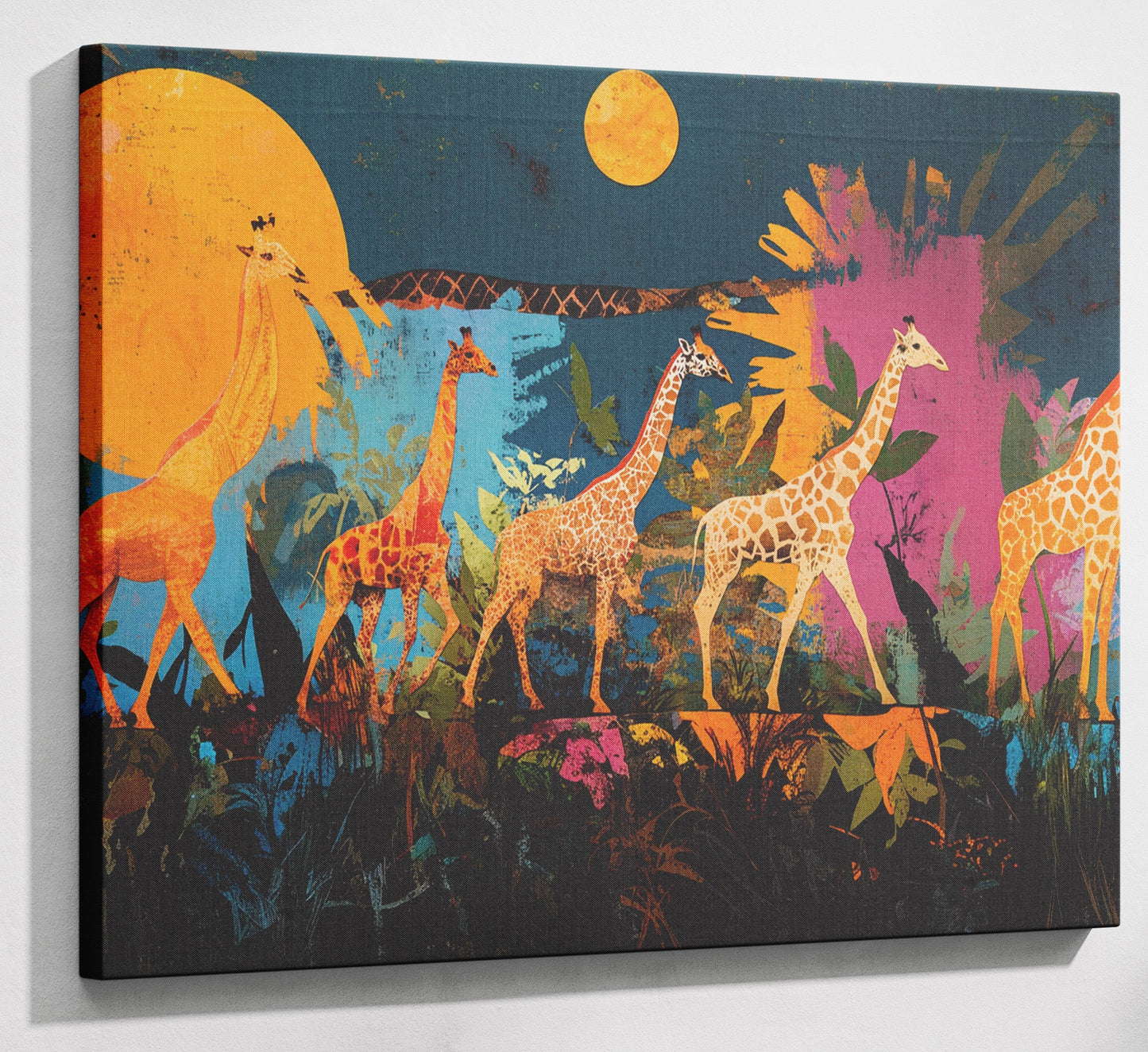 Giraffe Family Sunset Black Black culture wall art canvas print with visible wall art format