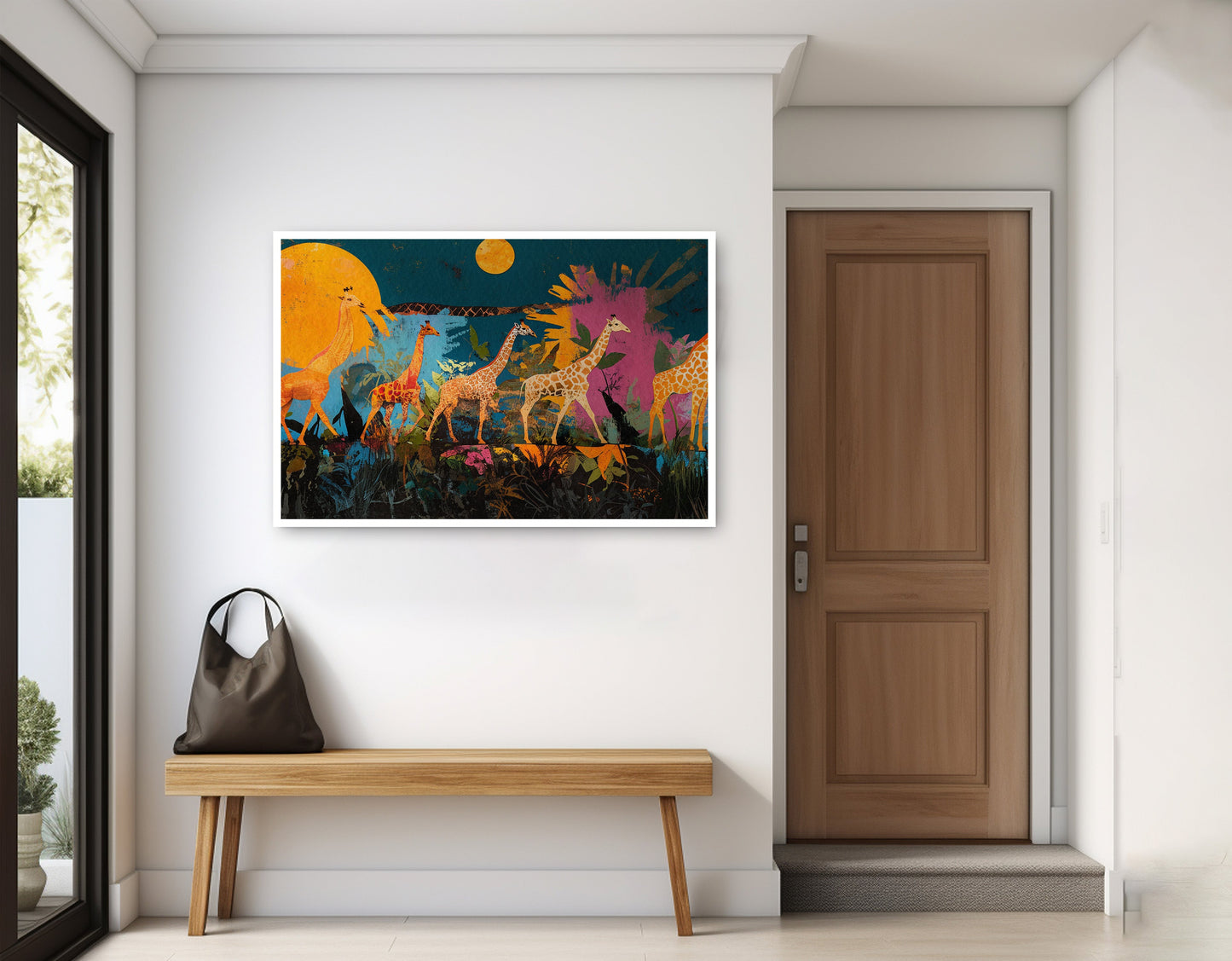 Giraffe Family Sunset Black Black culture wall art displayed as entryway wall decor