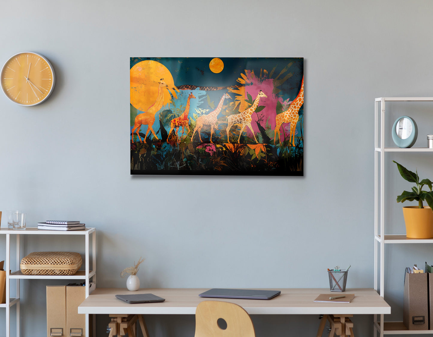 Giraffe Family Sunset Black Black culture wall art artwork by MoomZee Artwork