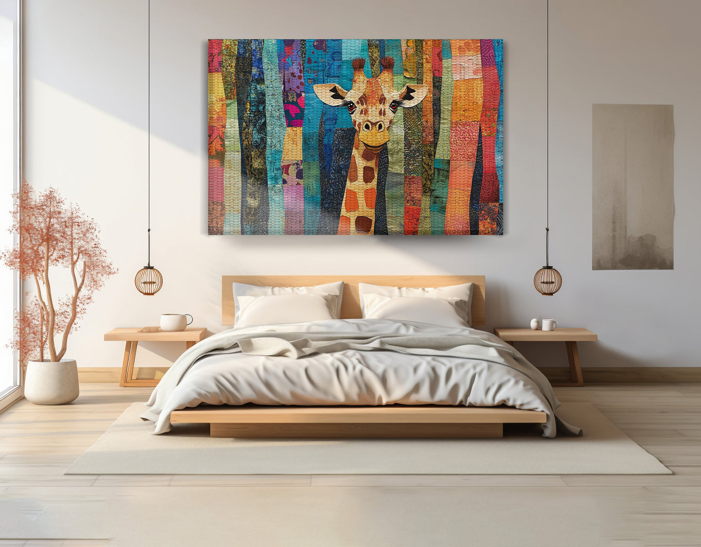 Giraffe Forest Pattern African American canvas print displayed as bedroom wall decor
