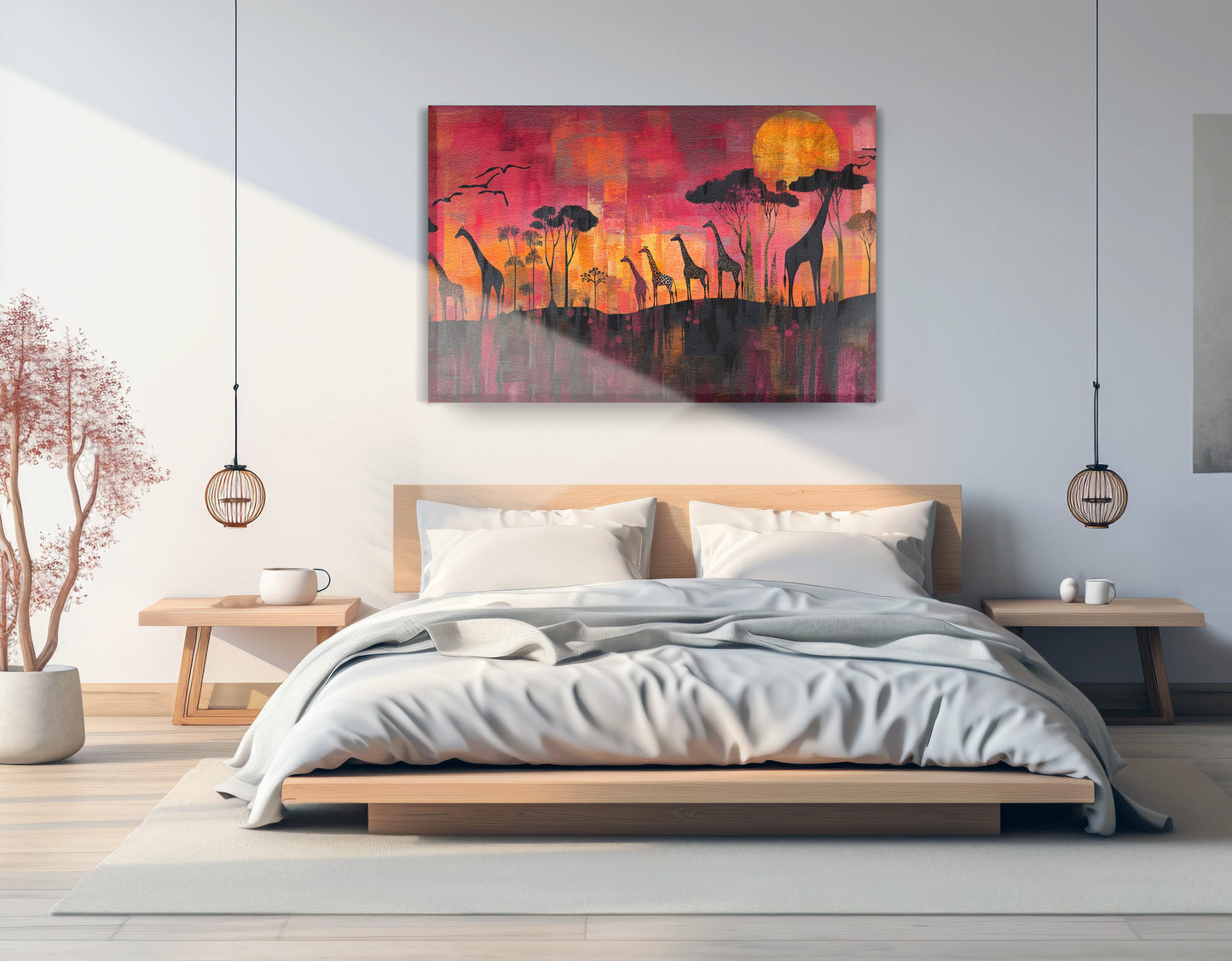Giraffe Sunset Silhouette Black African American canvas print displayed as bedroom wall decor