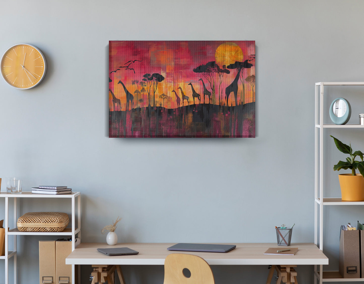 Giraffe Sunset Silhouette Black African American canvas print displayed as office wall decor