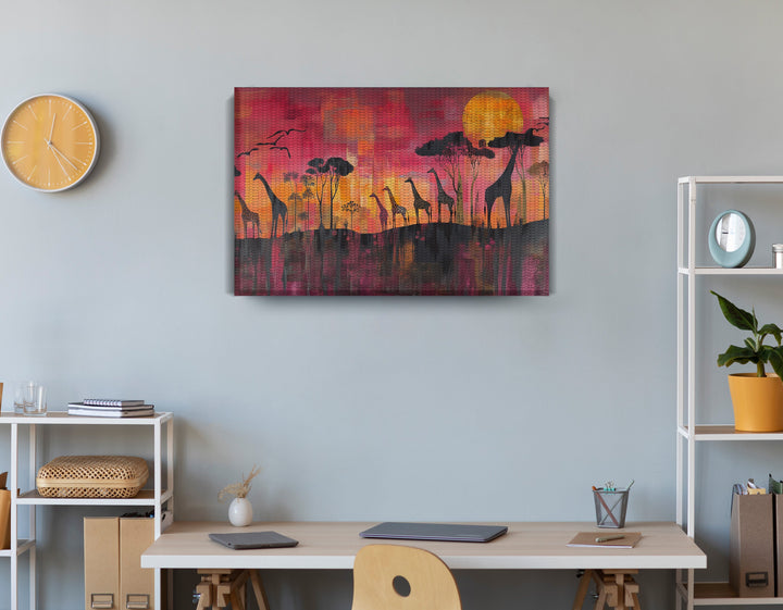 Giraffe Sunset Silhouette Black Wall Art