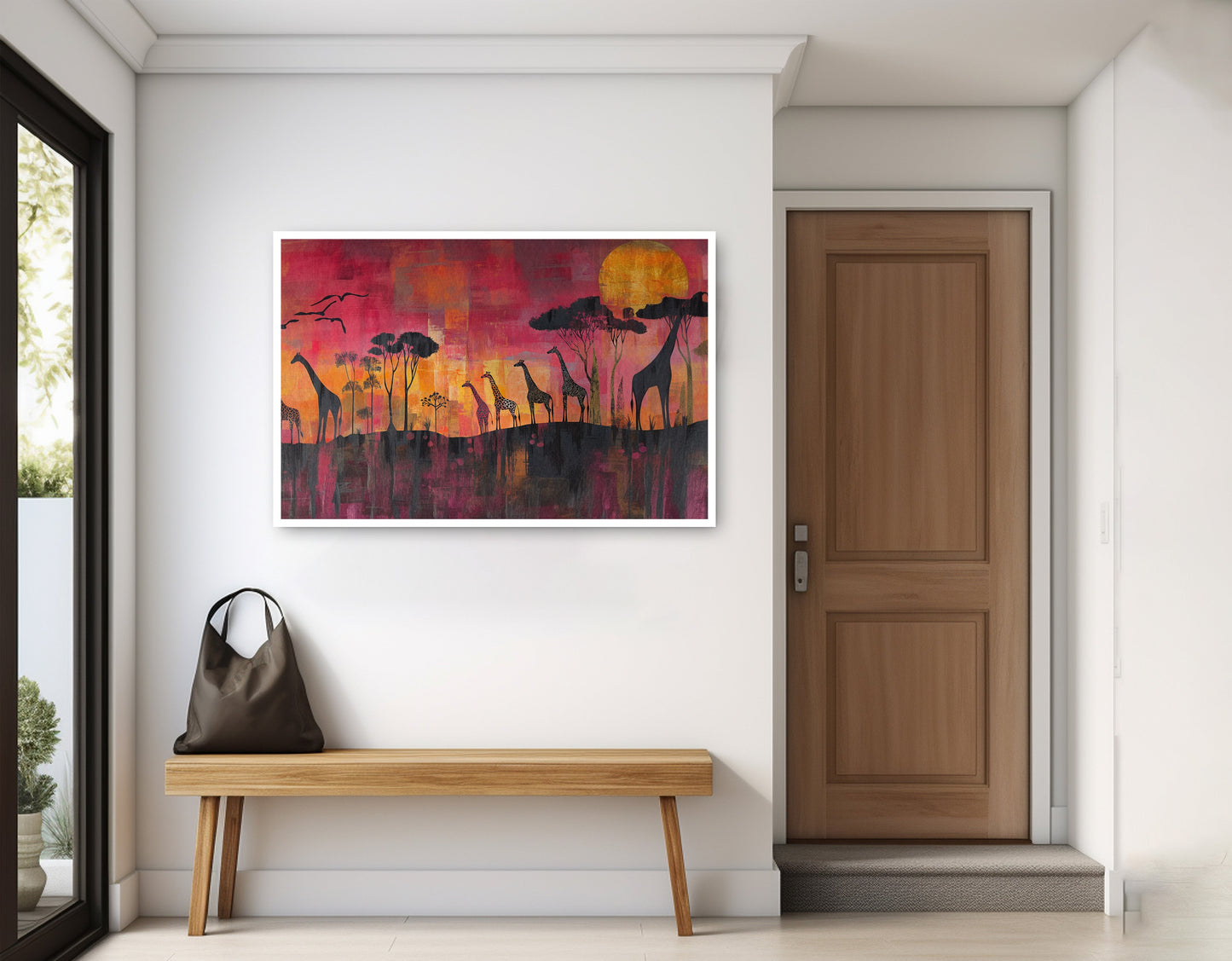 Giraffe Sunset Silhouette Black African American canvas print displayed as entryway wall decor