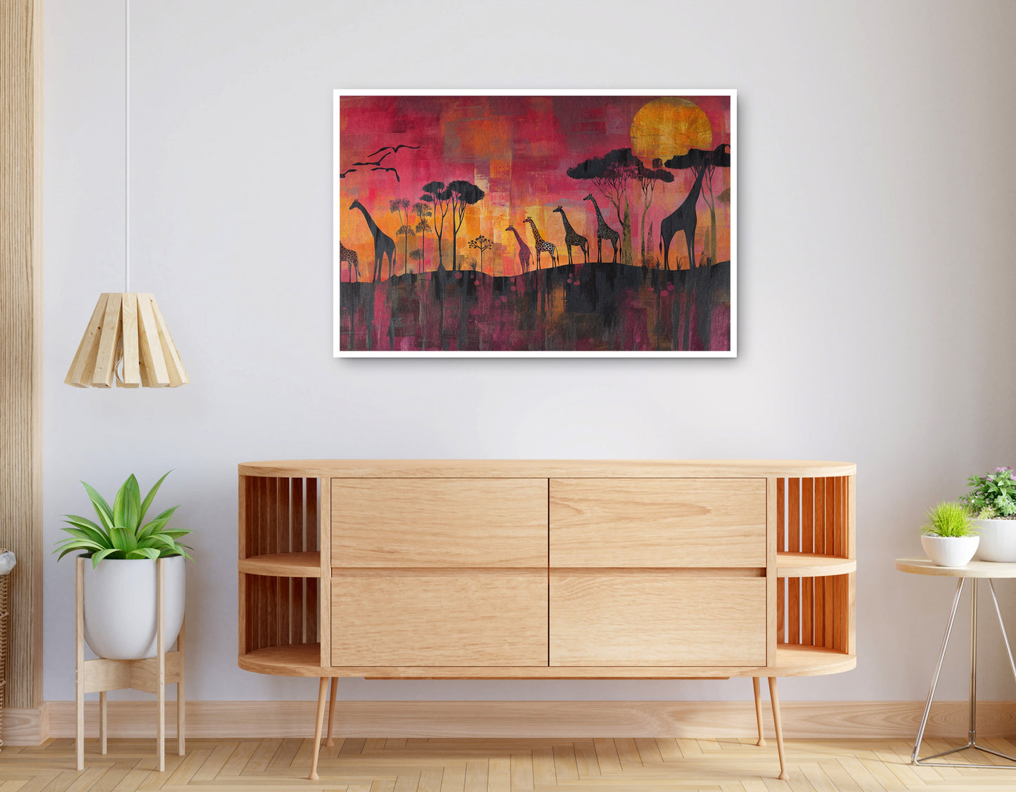 Giraffe Sunset Silhouette Black African American canvas print displayed as living room wall decor