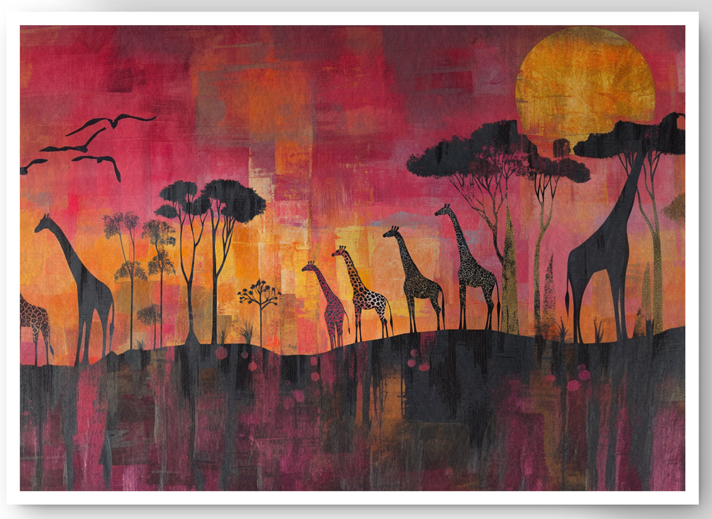 Giraffe Sunset Silhouette Black African American canvas print by MoomZee Artwork