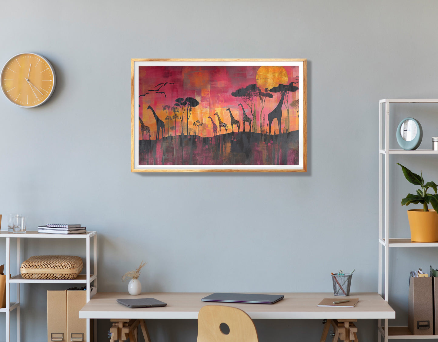 Giraffe Forest Pattern African American canvas print displayed as office wall decor