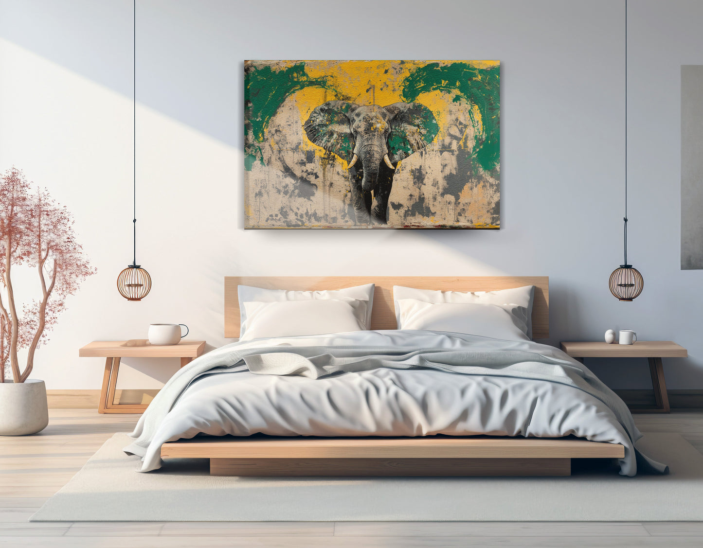 Abstract Elephant Green African American abstract art displayed as bedroom wall decor