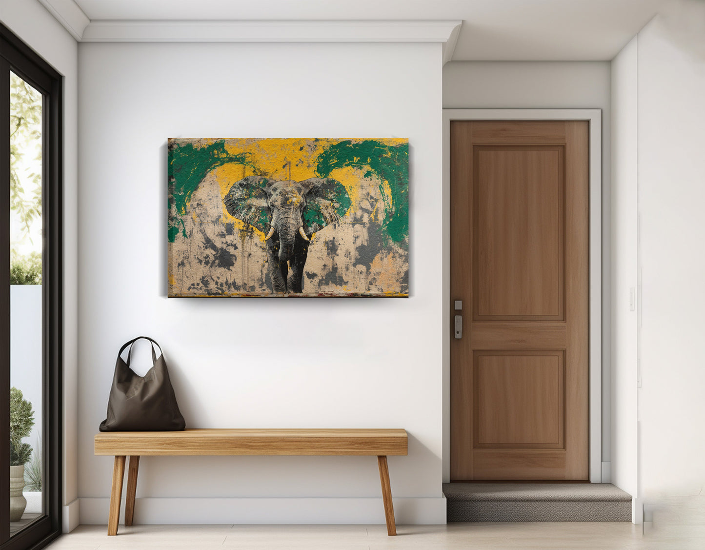 Abstract Elephant Green African American abstract art displayed as entryway wall decor