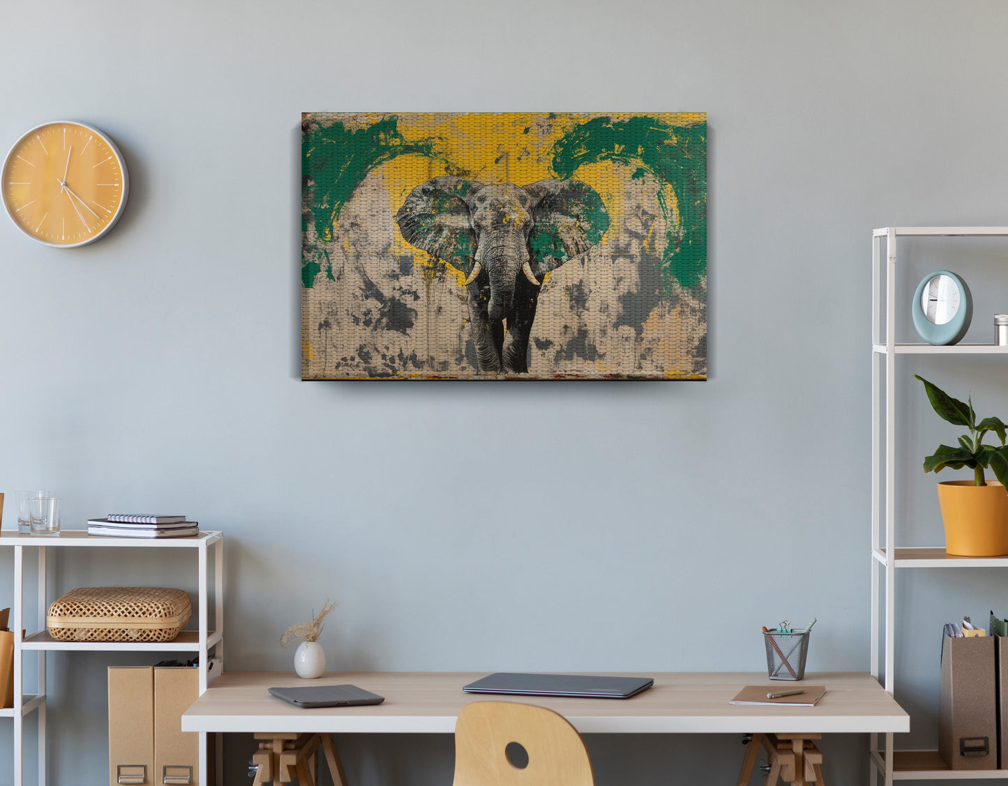 Abstract Elephant Green African American abstract art displayed as office wall decor