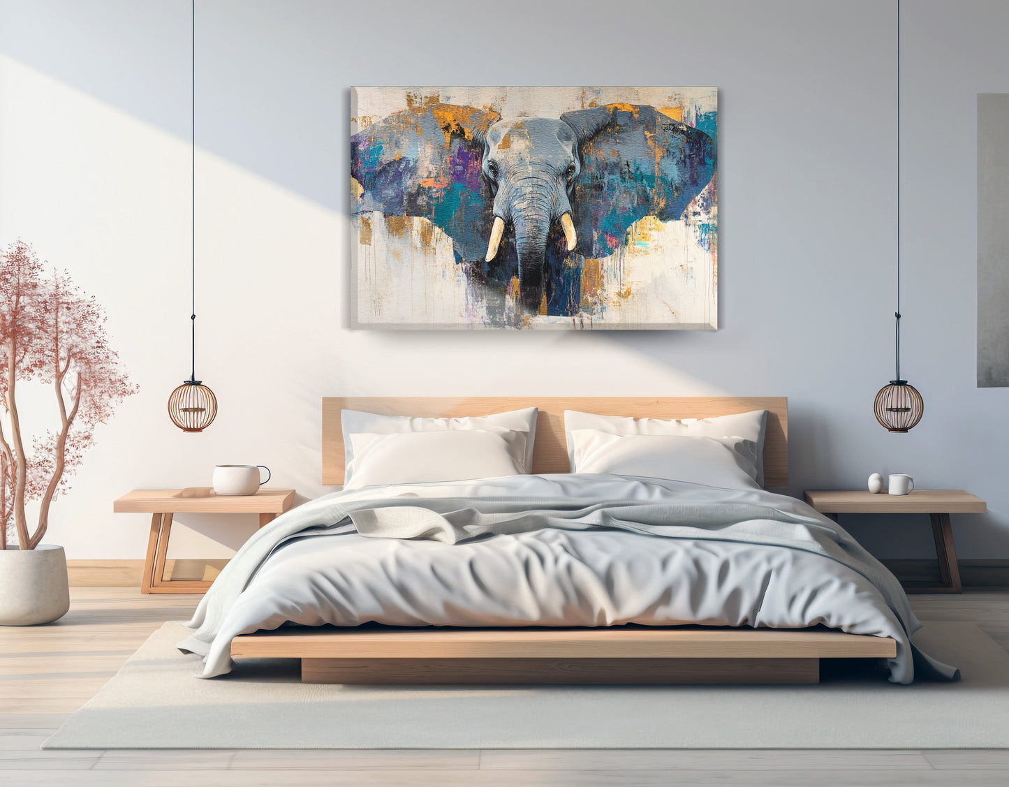 Abstract Elephant Blue African American abstract art displayed as bedroom wall decor