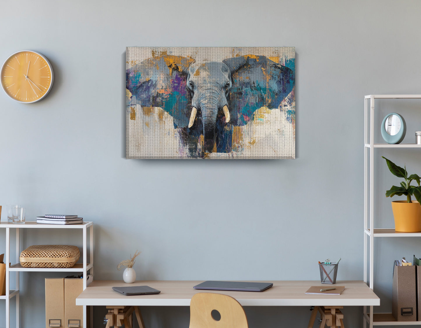 Abstract Elephant Blue African American abstract art displayed as office wall decor