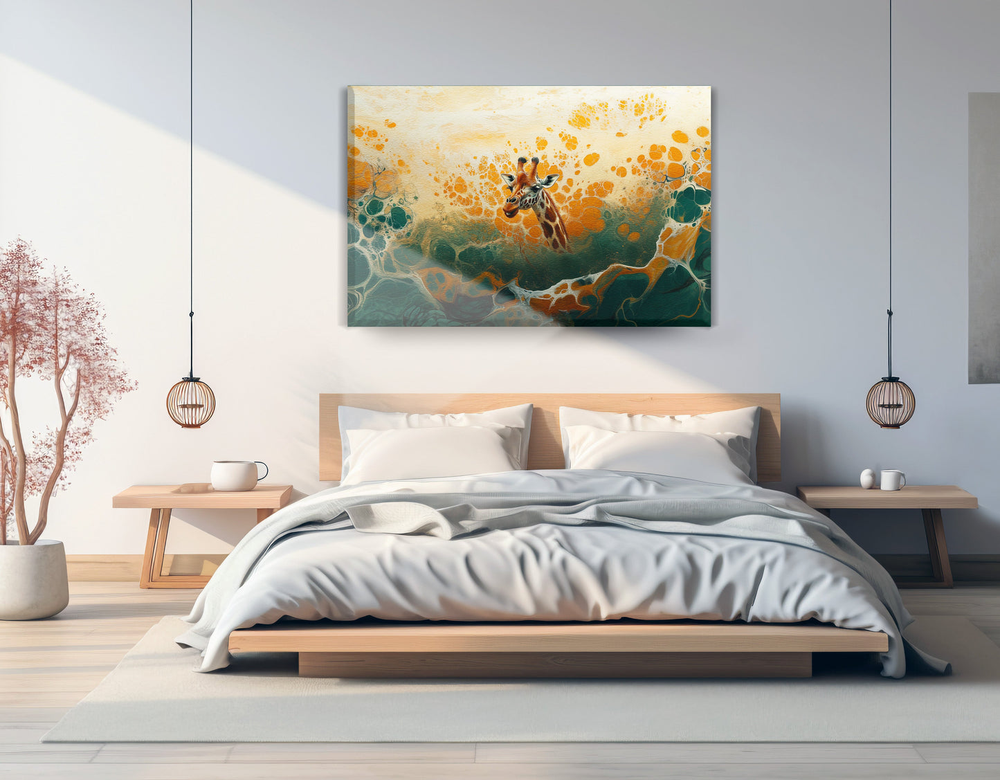 Abstract Giraffe Gold African American abstract art displayed as bedroom wall decor