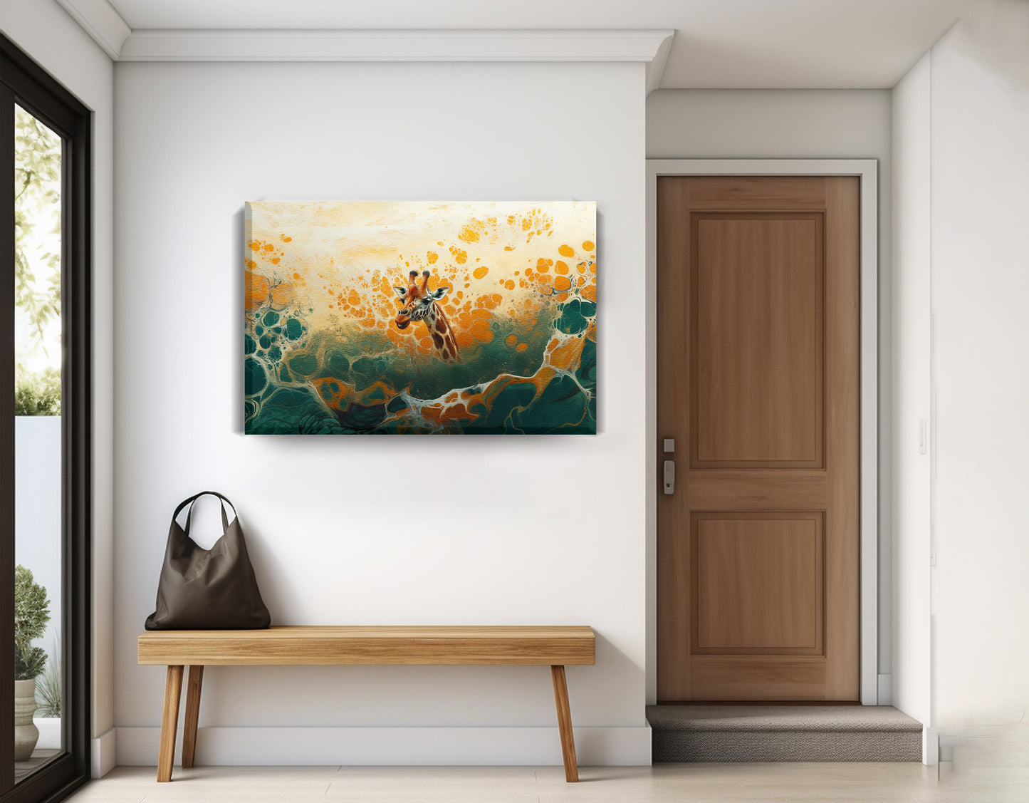 Abstract Giraffe Gold African American abstract art displayed as entryway wall decor