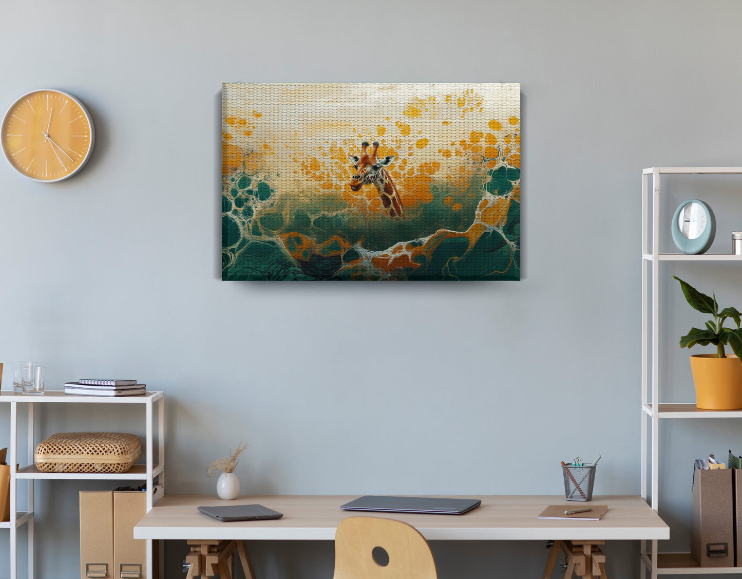 Abstract Giraffe Gold African American abstract art displayed as office wall decor