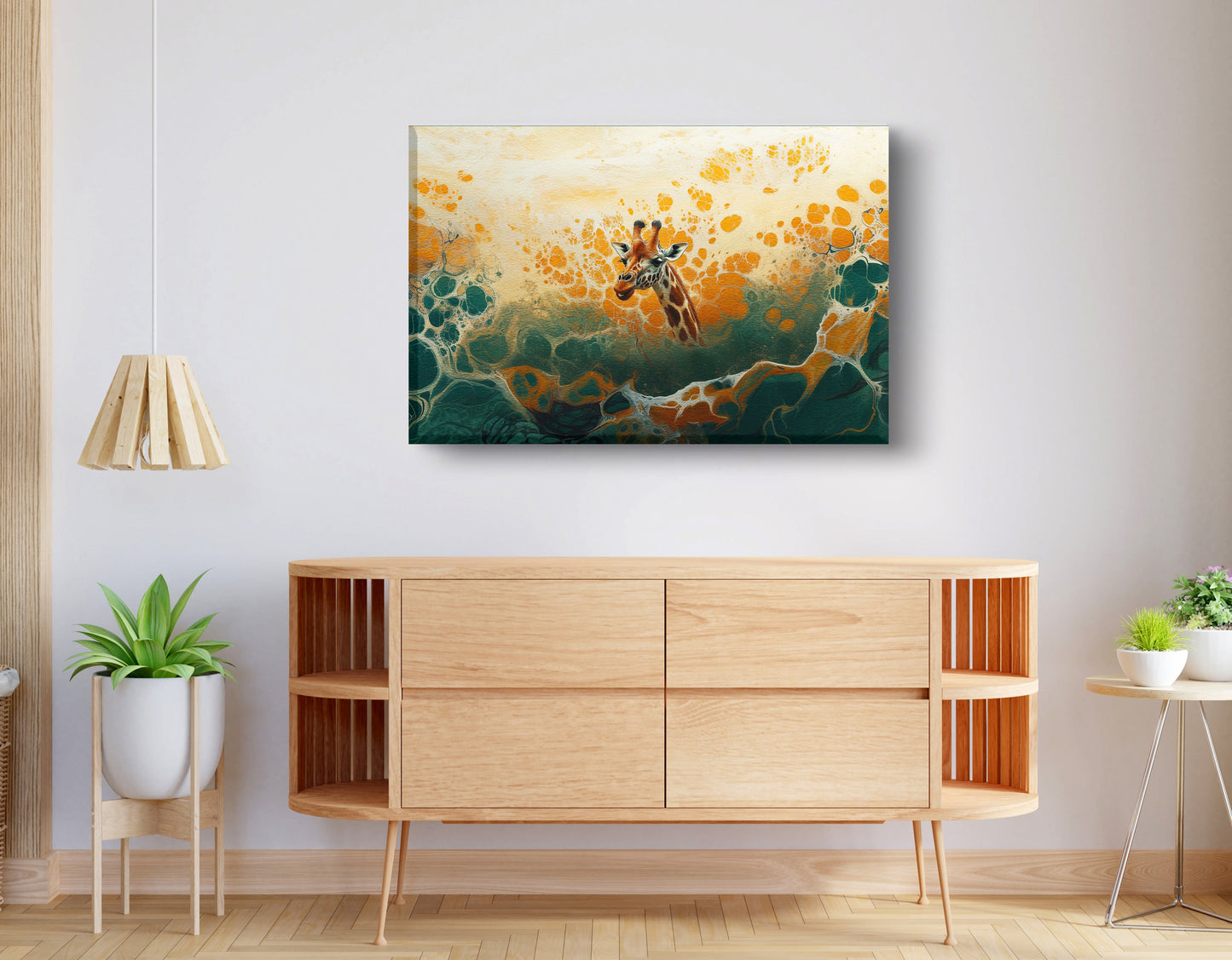 Abstract Giraffe Gold African American abstract art displayed as living room wall decor