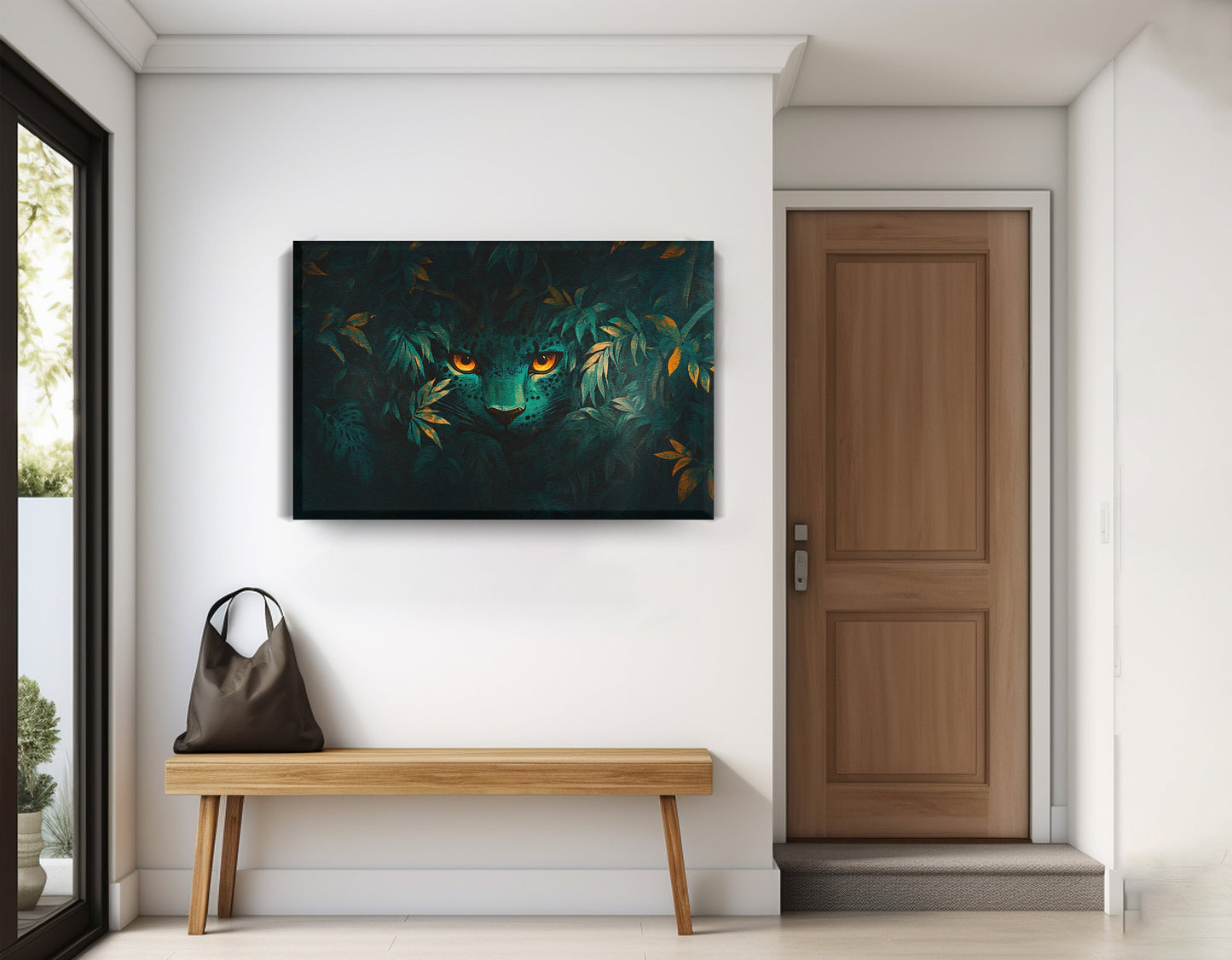 Leopard Jungle Eyes Black African American canvas print displayed as entryway wall decor