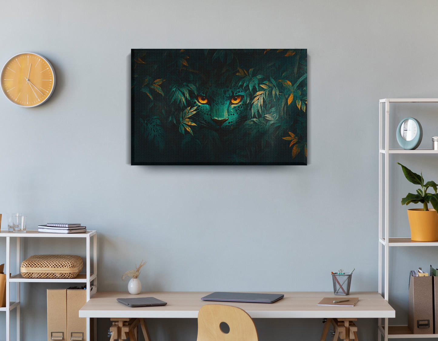 Leopard Jungle Eyes Black African American canvas print displayed as office wall decor