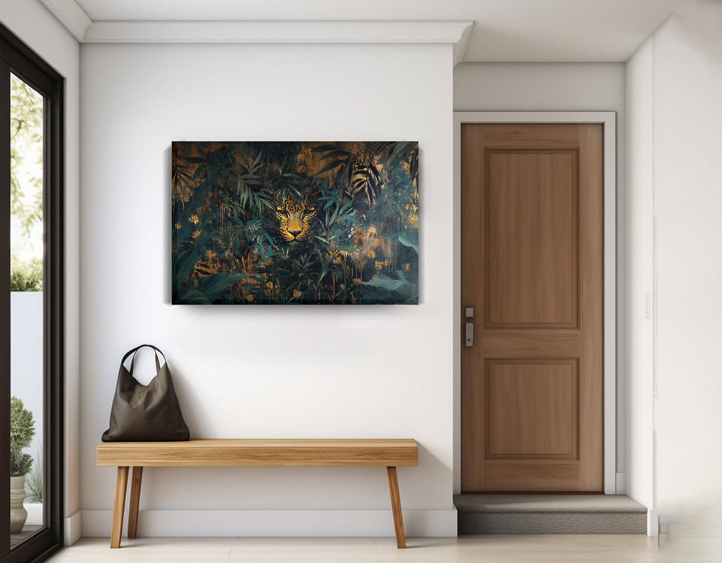 Leopard Jungle African American canvas print displayed as entryway wall decor