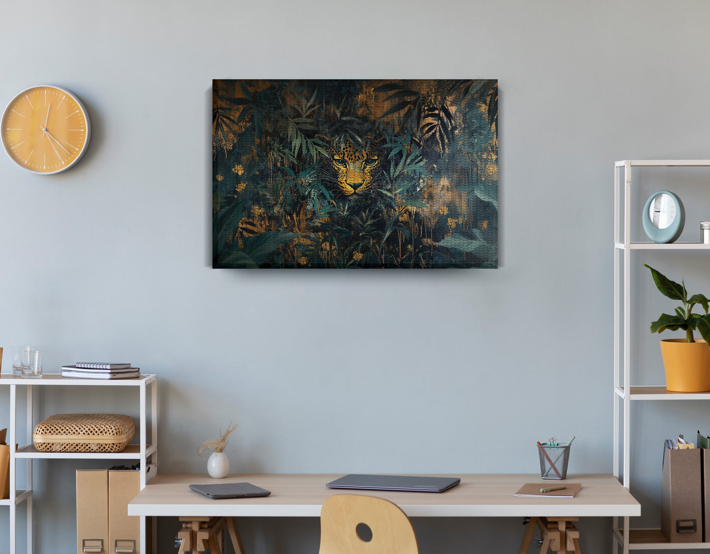 Leopard Jungle African American canvas print displayed as office wall decor