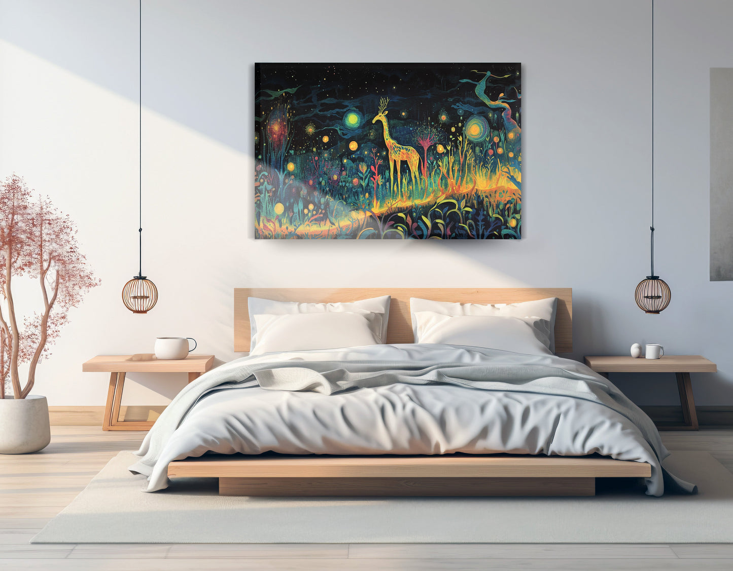 Mystical Giraffe Night Black African American canvas print displayed as bedroom wall decor