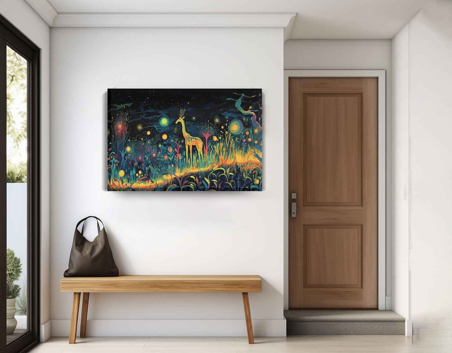 Mystical Giraffe Night Black African American canvas print displayed as entryway wall decor