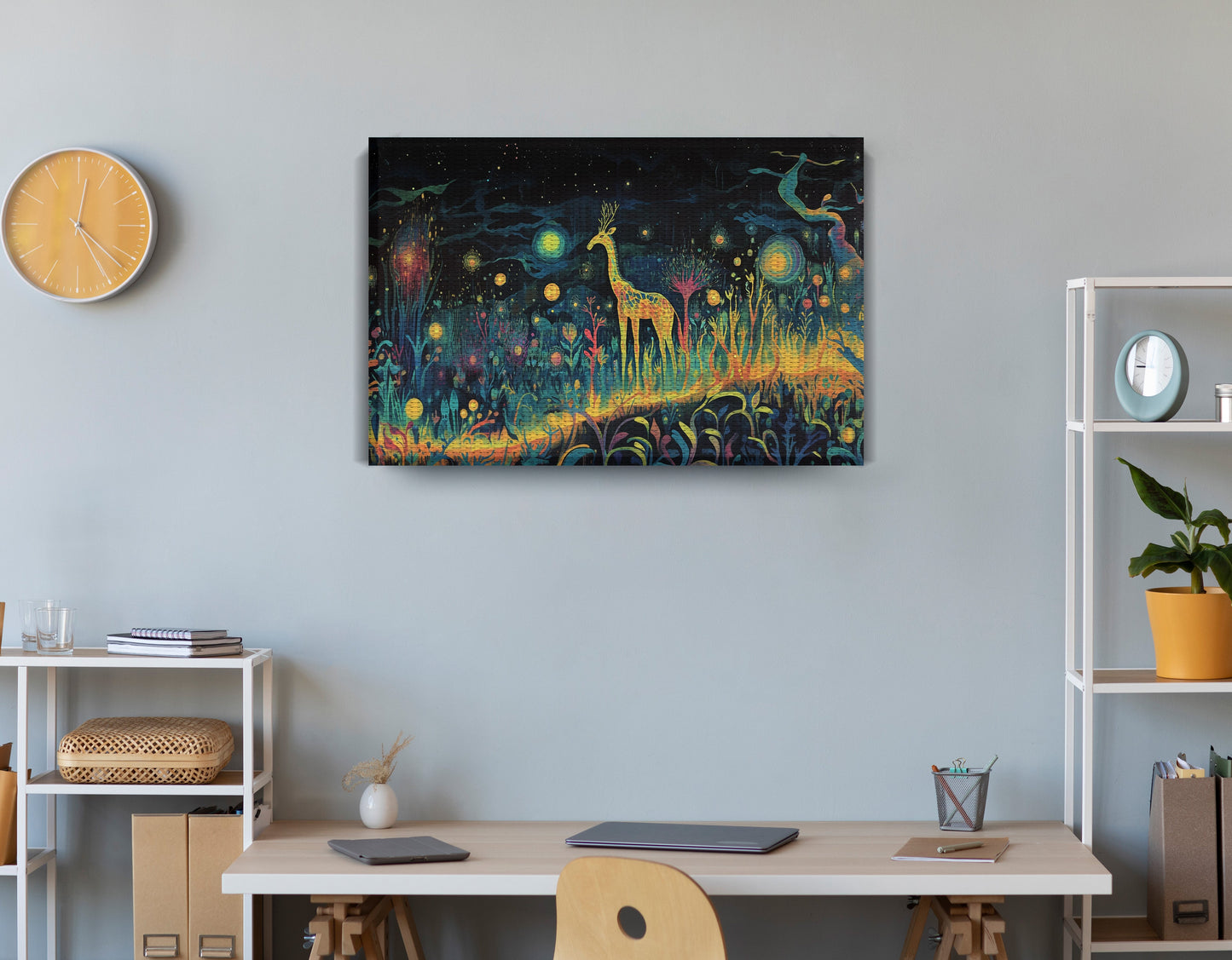 Mystical Giraffe Night Black African American canvas print displayed as office wall decor