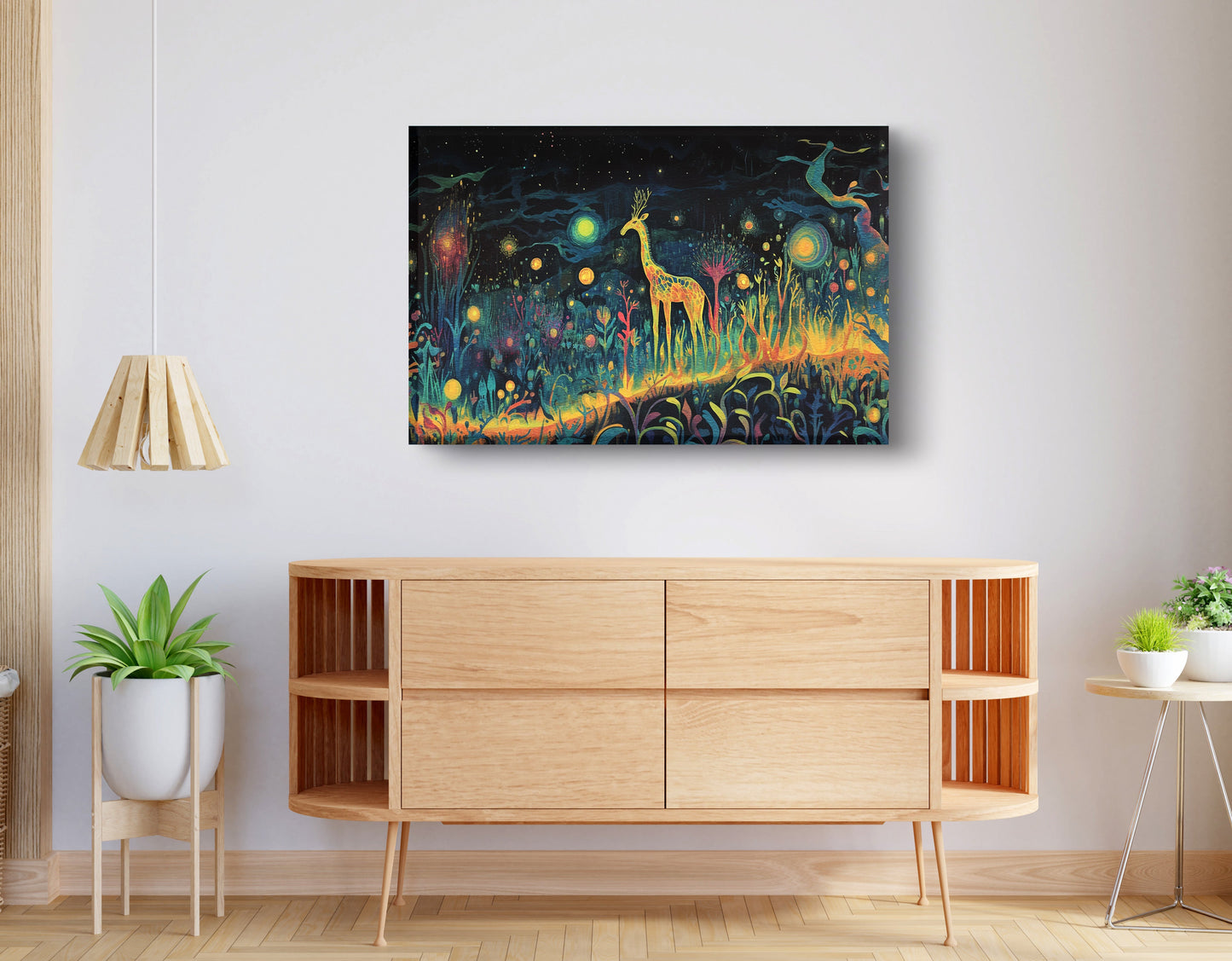 Mystical Giraffe Night Black African American canvas print displayed as living room wall decor