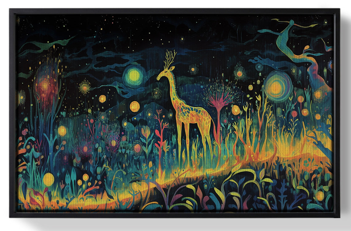 Framed Mystical Giraffe Night Black African American canvas print for home decor