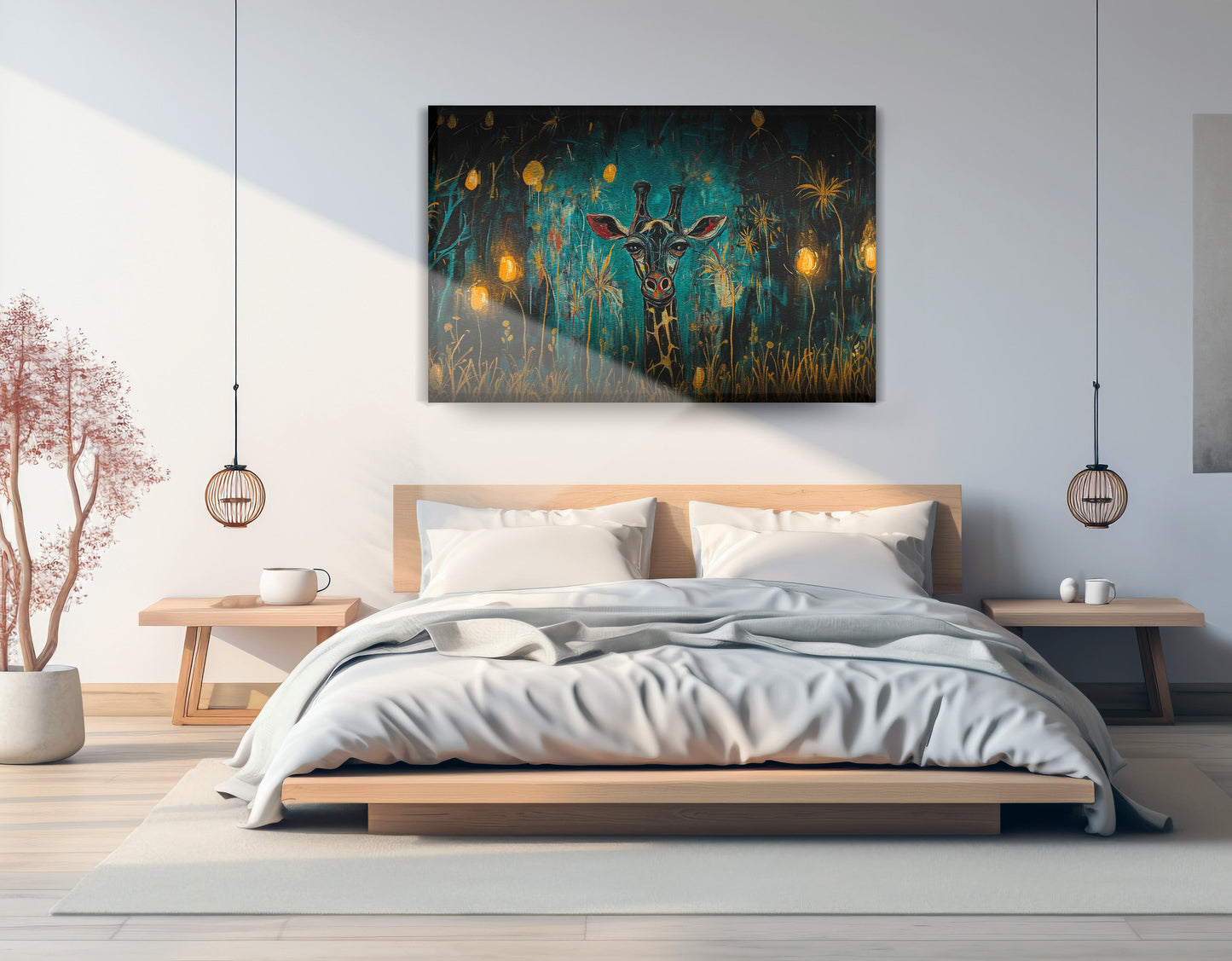 Giraffe Teal Night African American canvas print displayed as bedroom wall decor