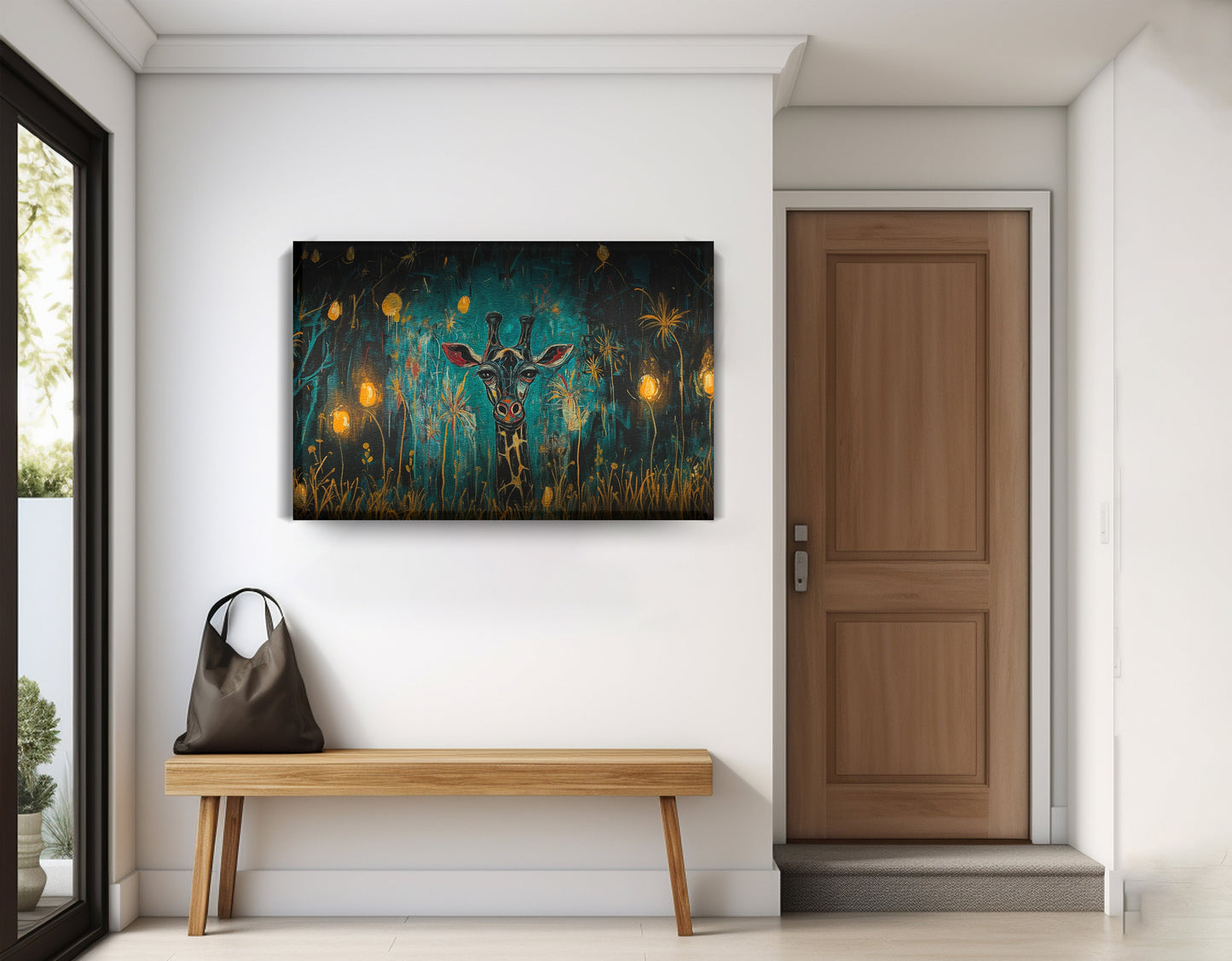 Giraffe Teal Night African American canvas print displayed as entryway wall decor
