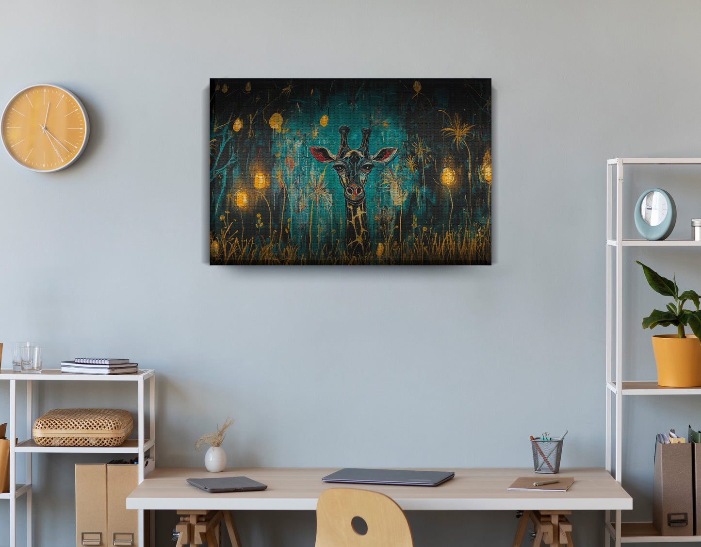 Giraffe Teal Night African American canvas print displayed as office wall decor