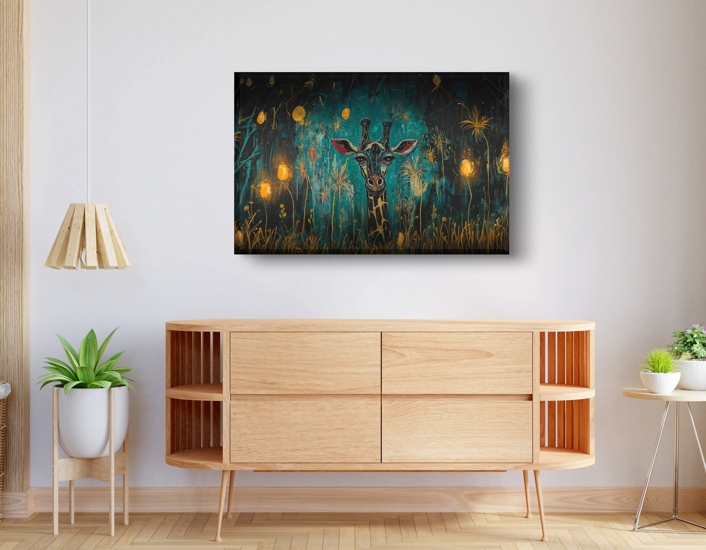 Giraffe Teal Night African American canvas print displayed as living room wall decor
