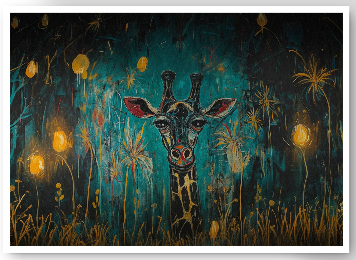 Giraffe Teal Night African American canvas print by MoomZee Artwork